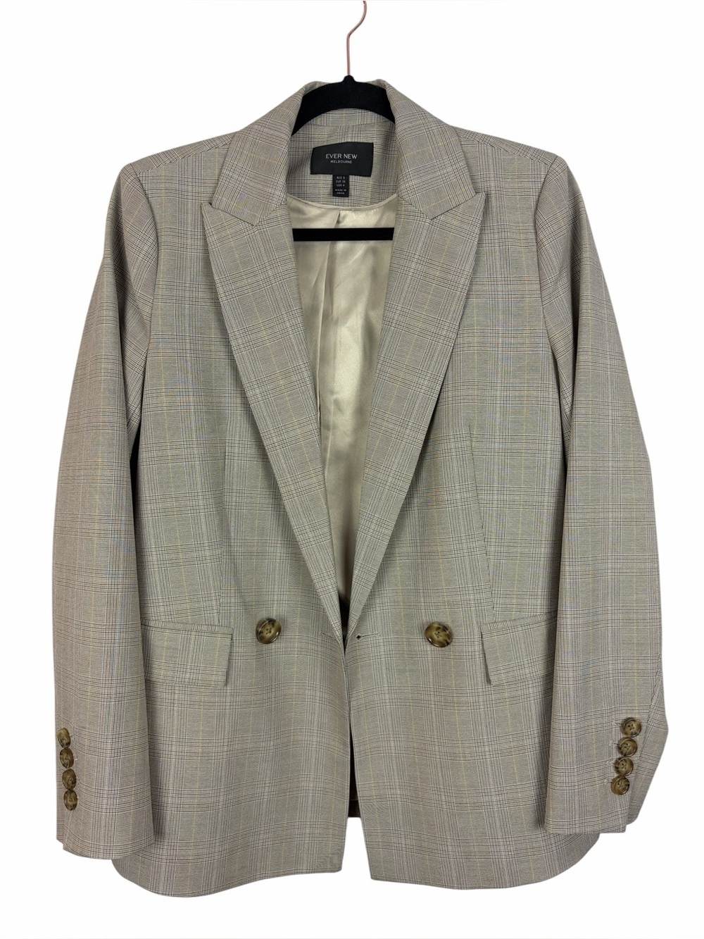 Ever New Melbourne Double Breasted Plaid Blazer Size 4 Light Grey Check Career